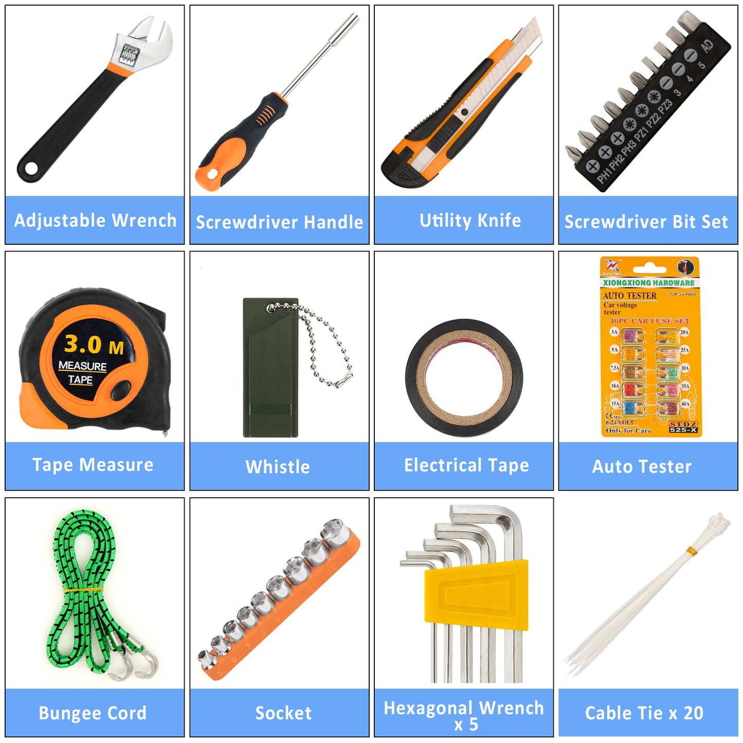 AUTODECO 98 PCS Roadside Car Emergency Assistance Kit with Portable Air Compressor Jumper Cables Safety Hammer All in One Pliers Tool Set（Orange）
