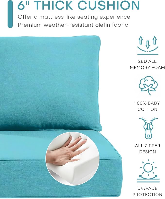 Luxury 22x24/22x25 6-Inch Outdoor Cushions - Water Resistant 1 Set Zippered Patio Chair Cushion for Wicker Dining Rocking Swivel Chairs Loveseat Couch Sectional Sofa - Turquoise
