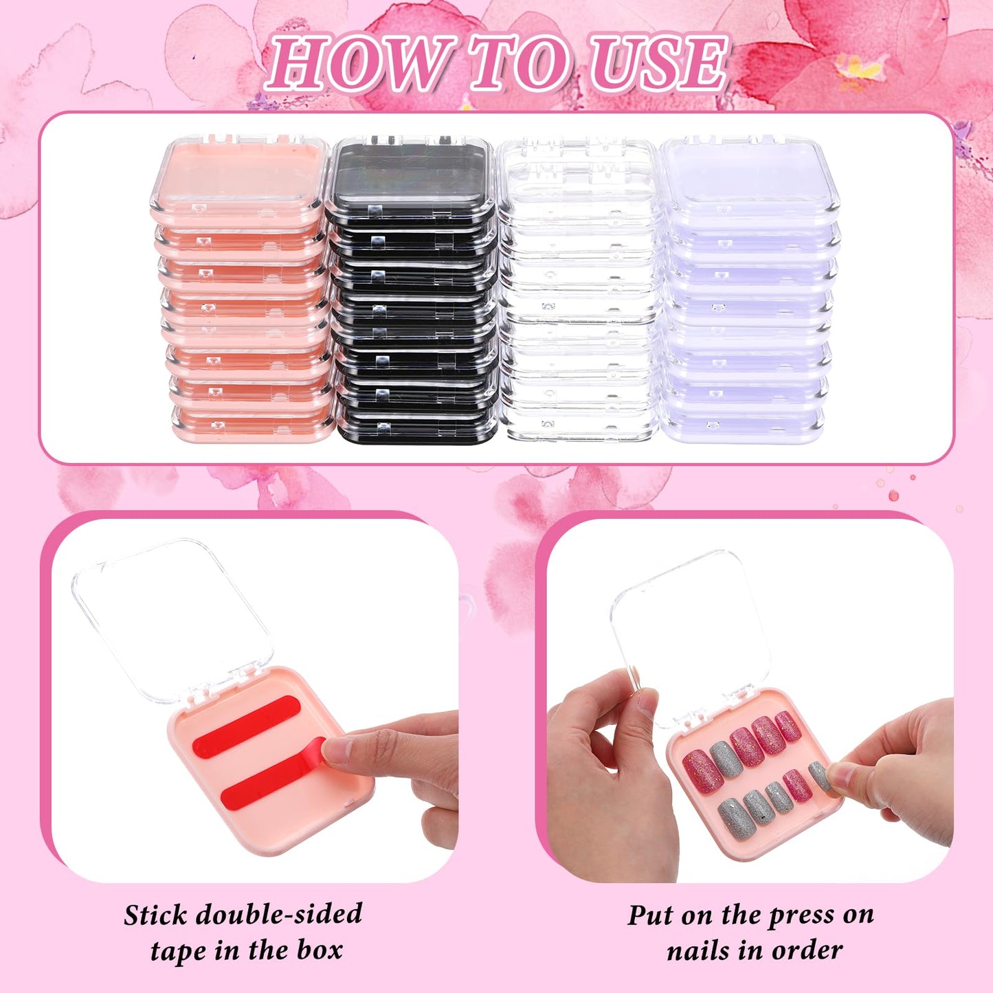 32 Pcs Press on Nail Boxes with 60pcs Double Sided Adhesive Tape, 4 Colors Press on Nail Packaging Boxes, Acrylic Press on Nail Storage Box, Nail Display Box, For Nail Business, Nail Art, Nail Salon