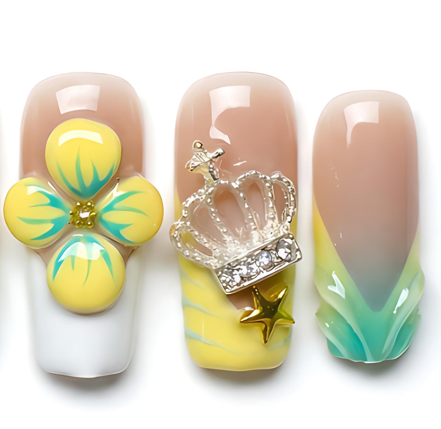 Handmade Press on Nails Square 3D Cute Glue on Nails for Women, Luxury Homemade Press on Nail Art Design, Fake Nails with 3D Nail Charms Size M 5