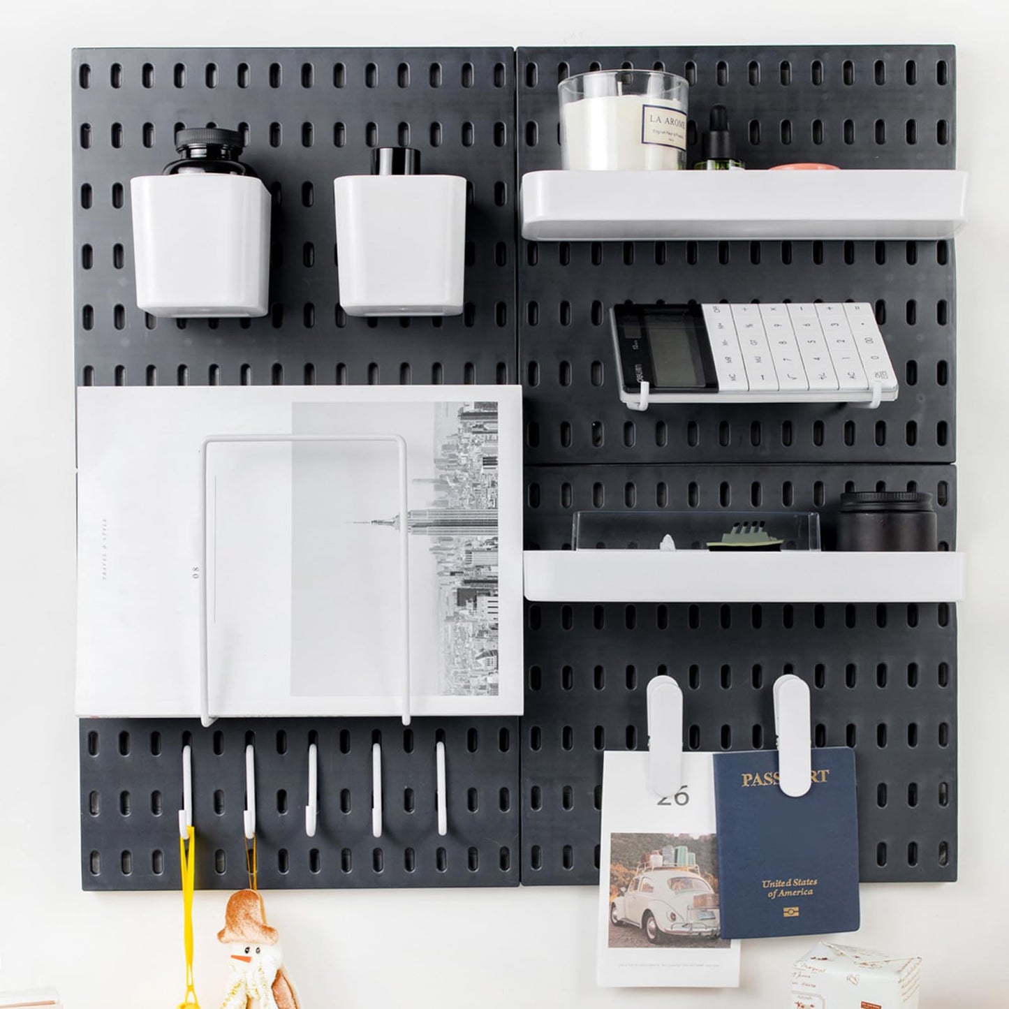 RIVTUN Pegboard Combination Kit for Wall Organizer, Wall Mounted Peg Board Kits for Kitchen, Bedroom, Office, &Bathroom, 4 Pieces Black Pegboards and 14 Accessories, 22" x 22"