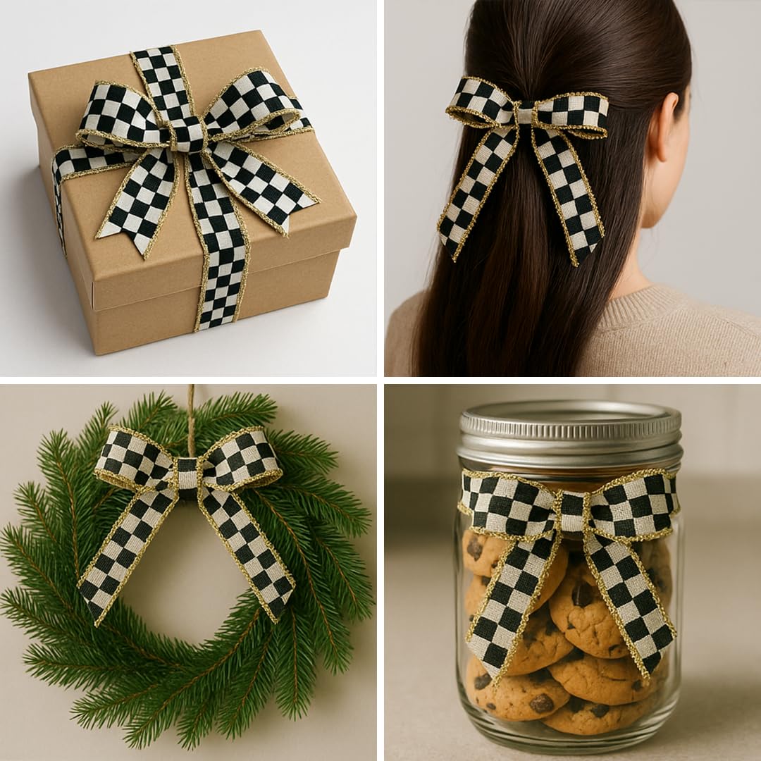 Fringed Edge Checked Ribbon – 1.2" Wide x 11 Yards Long – Wired Plaid Craft Ribbon for Christmas Decorations, Gift Wrapping, Holiday Wreaths, Bows, DIY Projects & Seasonal Crafts (V3)