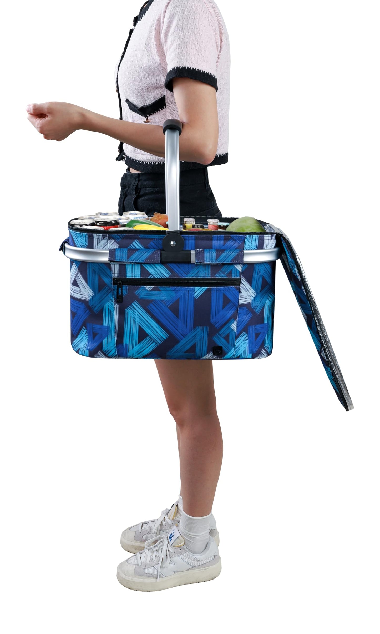 ALLCAMP Picnic Basket - Insulated Cooler, Thickening Foldable Picnic Basket with Removable Baskets & Sewn-in Frame, Basket for House Warming Gifts New Home(Triangle Pattern)