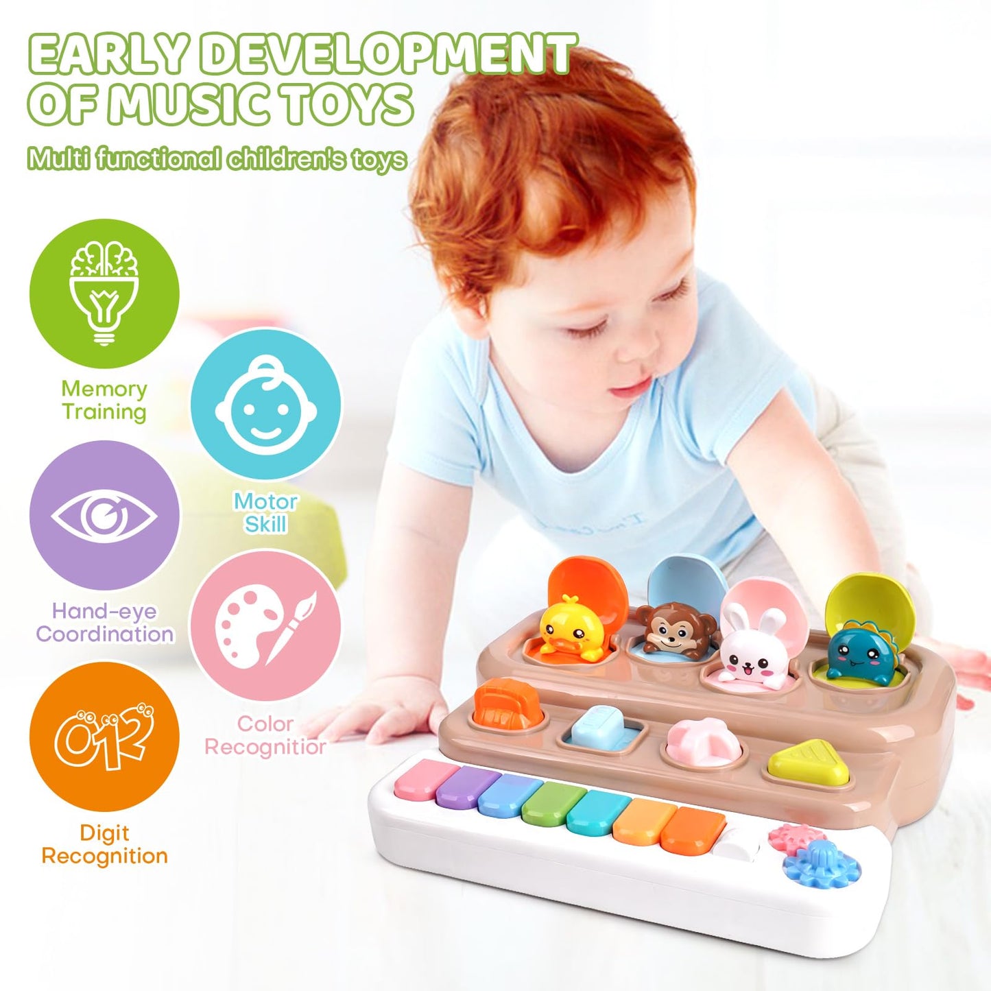 LESSETI Pop Up Music Toy with Piano Keyboard - Interactive Cause and Effect Animal Game for 1-3 Year Olds, STEM Learning Educational Baby Toy with Music & Lights for Toddlers 6-12 Months