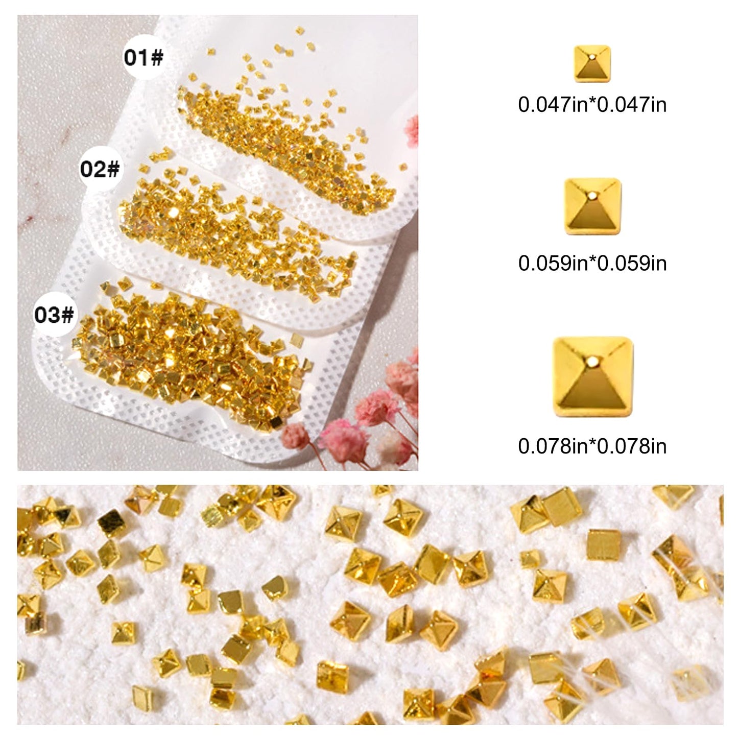 WOKOTO 600 PCS Gold Punk Pyramid Nail Charms, 3D Gold Pyramid Rivet For Nails, Metal Punk Nail Studs, Gothic Nail Charms, Cone Studs