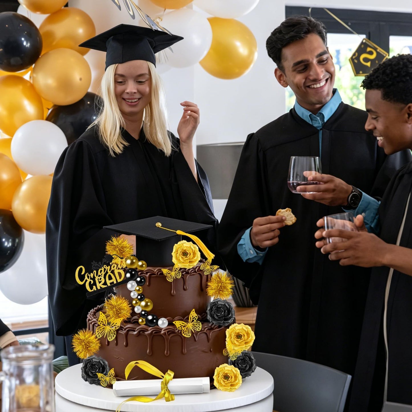 39 Pcs Graduation Cake Kit Includes Felt Graduation Cap Topper with Tassel Firework, 3D Butterfly Decor Beads, Flowers Diploma Cake Decorations, Cake Topper for 2026 Graduate Party (Black Gold).