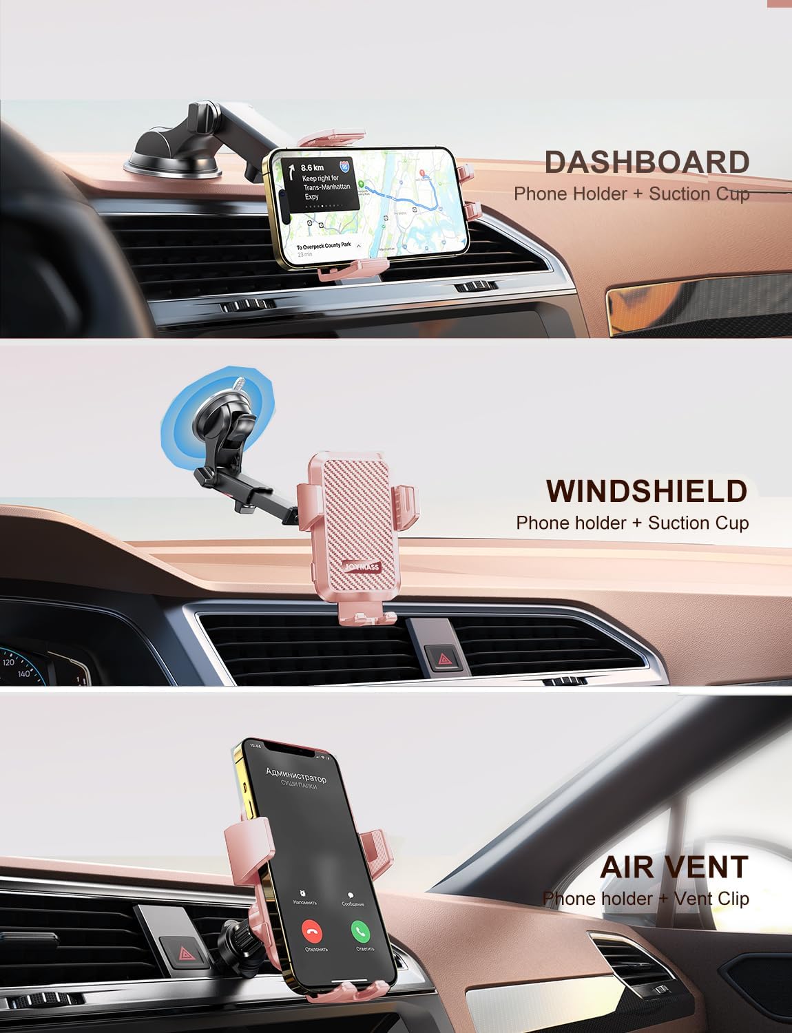 Wireless Car Charger, Phone Holders for Your Car, 15W Auto Clamping Phone Mount Car Accessories for iPhone 16 15 14 13 12 Mini Pro Max 11, Samsung Galaxy S24 Ultra S23 S22+ Note 20, etc-Pink