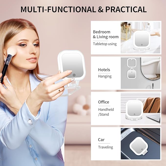 FUNTOUCH 4inch 1x 10x Magnifying Travel Makeup Mirror with Lights, Rechargeable Lighted Compact Mirror with Light, 3 Color Lighting, Double Sided Portable Handheld Hanging Compact Mirror, Dimmable