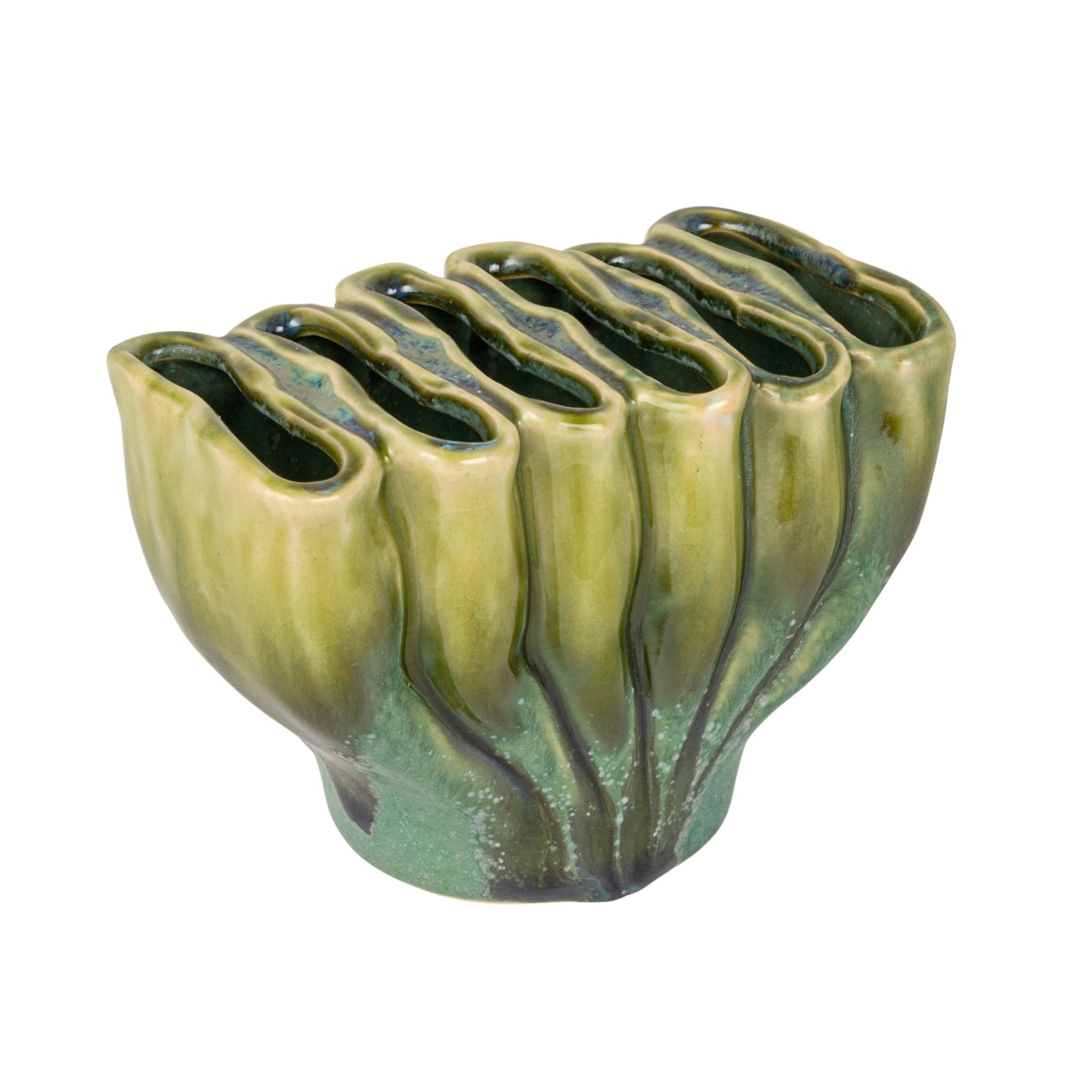 Creative Co-Op Stoneware Sculptural Vase with 6 Sections with Reactive Glaze, Green