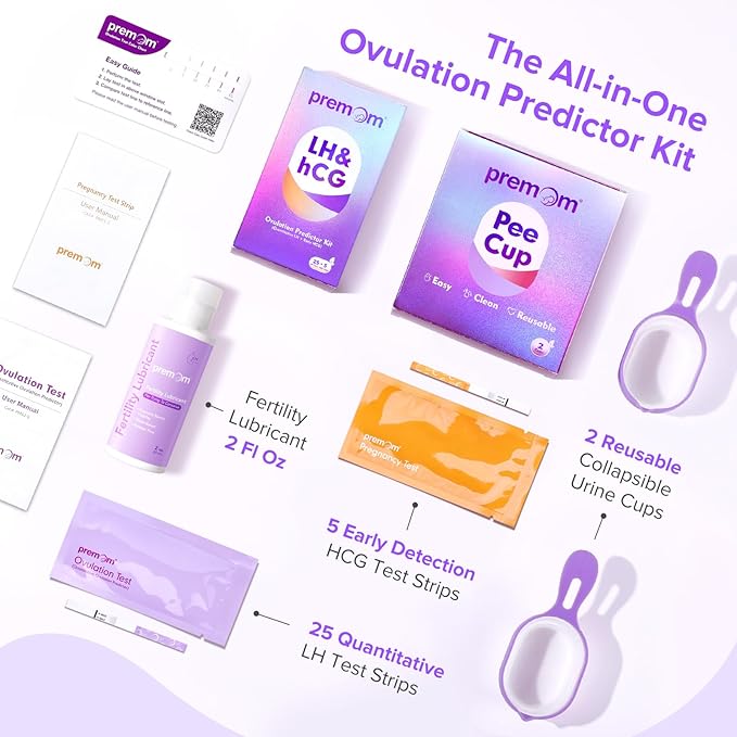 Premom Quantitative Ovulation & Pregnancy Test Kit with Sperm Friendly Fertility Lubricant: 25 LH + 5 HCG Strips + 2 Pee Cups + 2oz Lube | Accurate LH Tracking | pH Balanced | Works with Premom App.