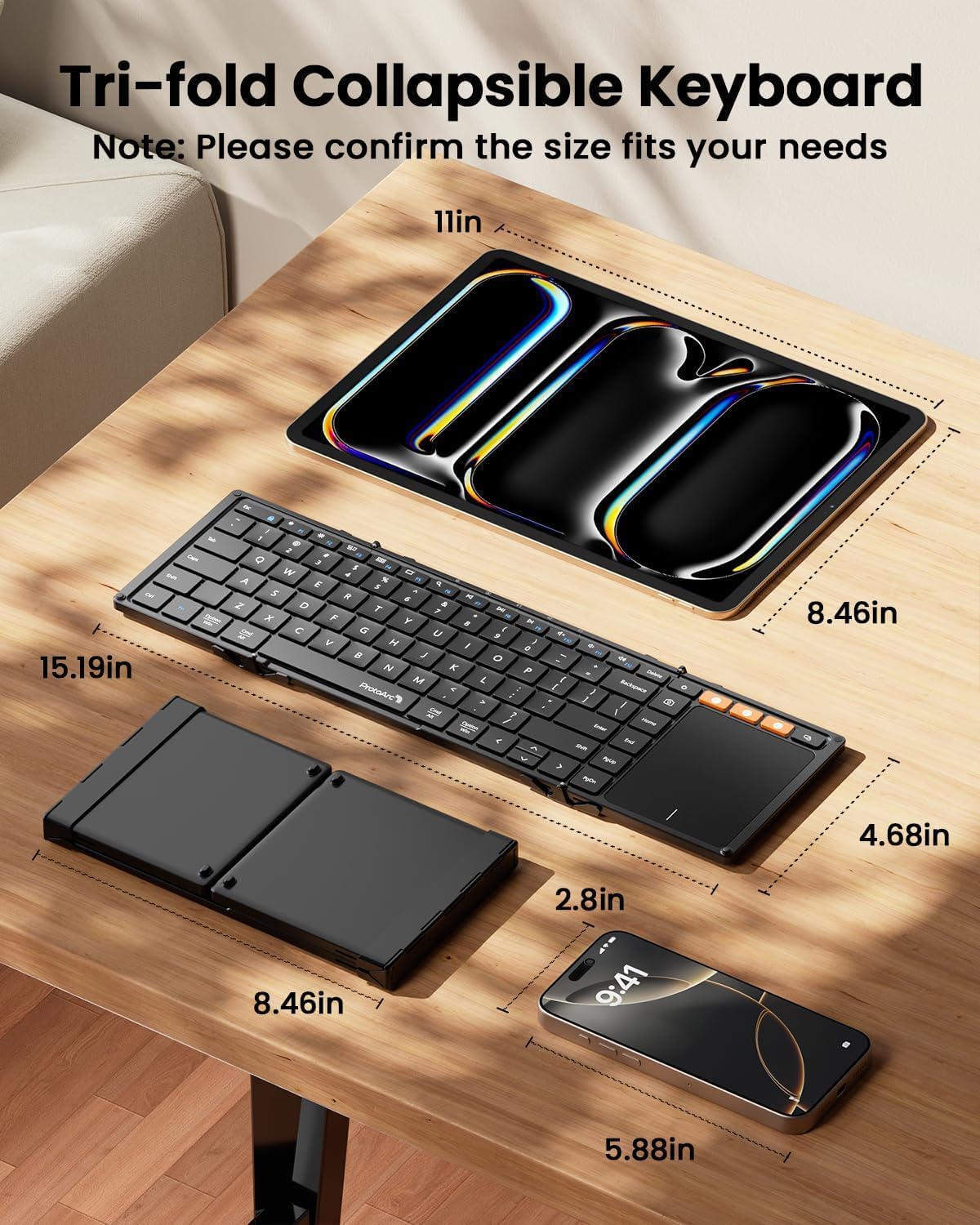 ProtoArc Foldable Keyboard with Touchpad, XK01 TP Folding Portable Keyboard, Full Size Keys, Large Trackpad Bluetooth Travel Keyboards for iPad Laptop PC Tablets -Black