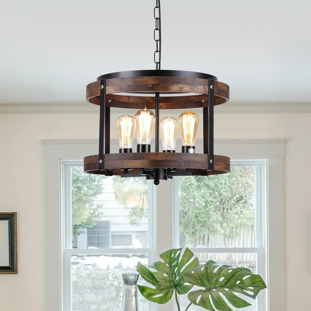 4-Light Large Rustic Farmhouse Wood Pendant Light Fixture with Adjustable Chain, 16.5 inch Oak Wood Drum Chandelier for Dining Room Kitchen Island Farmhouse Living Room Hallway, Black
