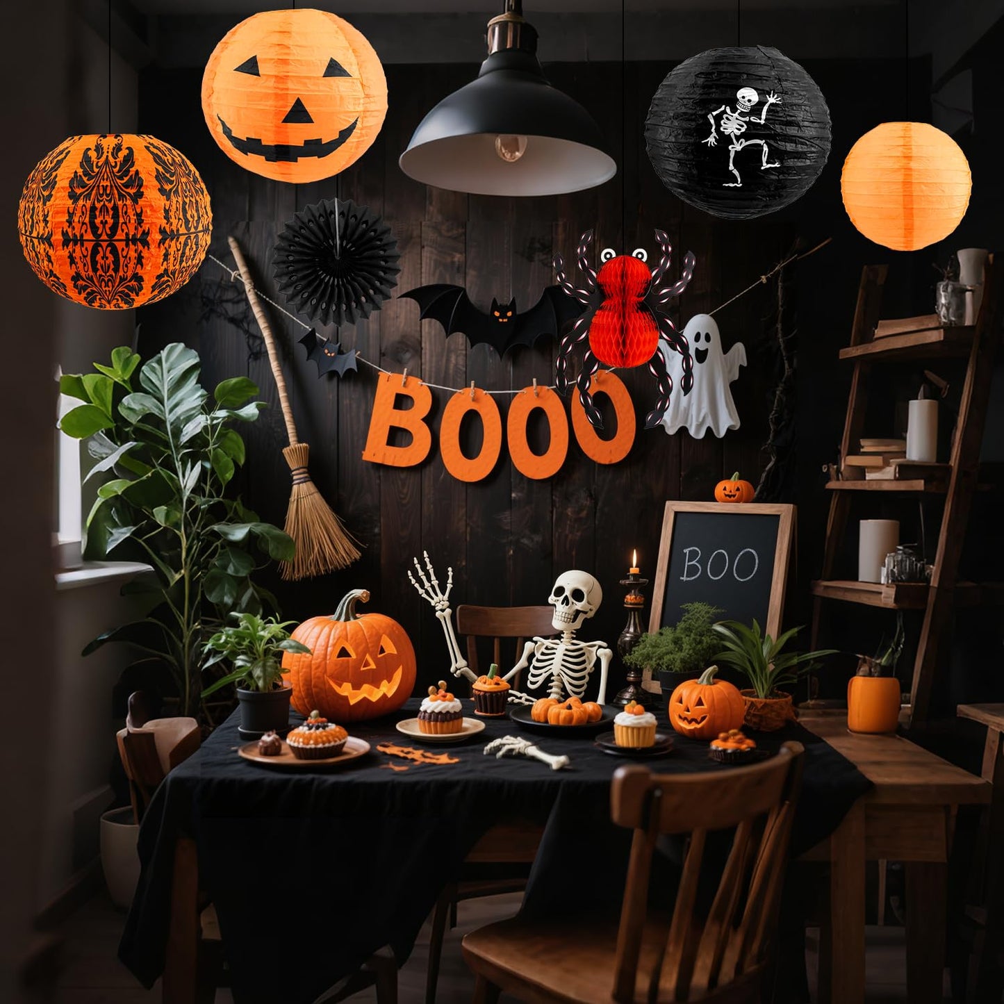 12 Pcs Halloween Hanging Decorations Paper Lanterns, Jack-o'-Lanterns Spider Skeleton Pumpkin for Indoor Outdoor Home Decor, Party Supplies, Yard - 12" & 8"