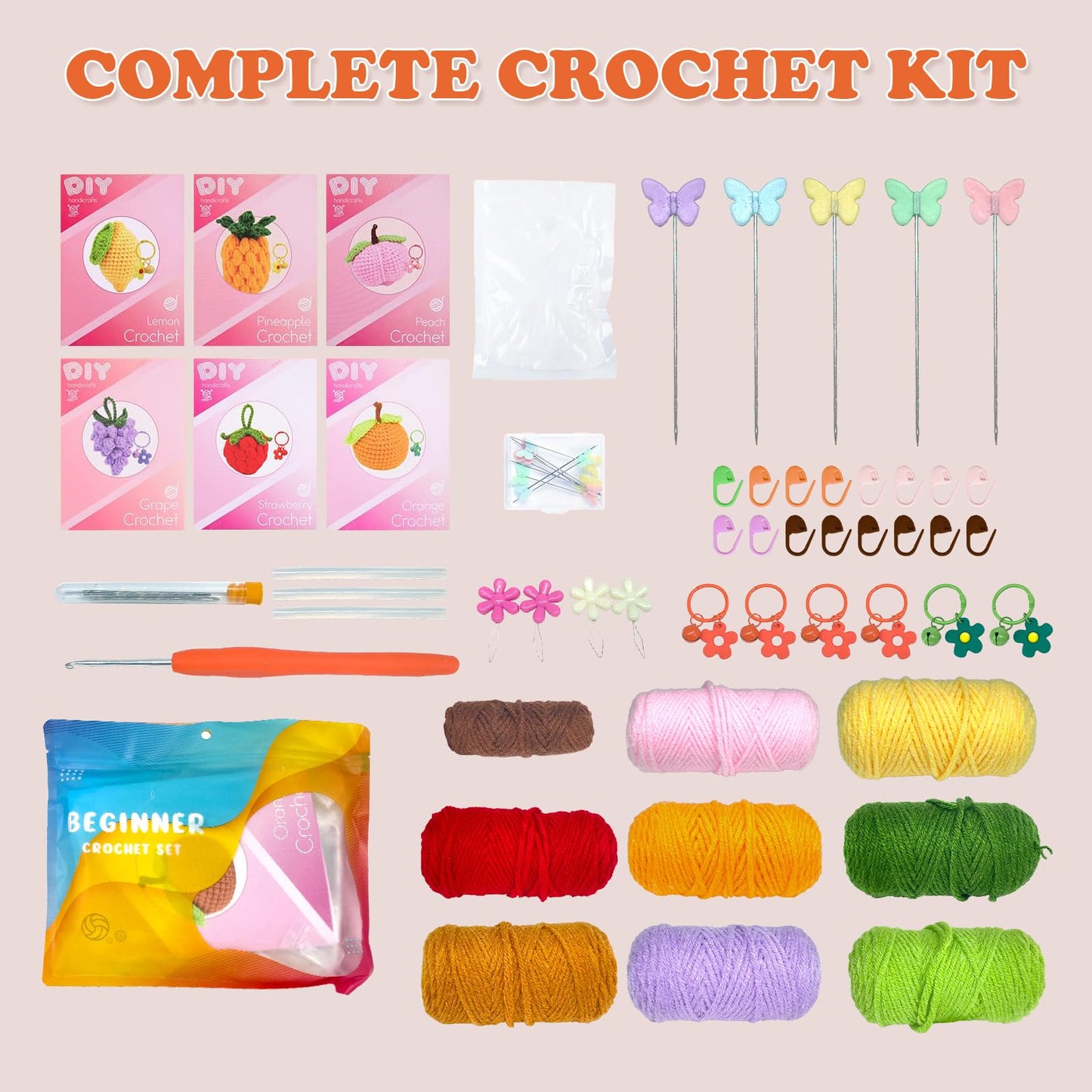 Lacabin Crochet Kit for Beginners, DIY Crochet Set with Yarn, Hooks & Accessories, Beginner Crochet Kit Complete Knitting Starter Kit Fruits 6 Pack