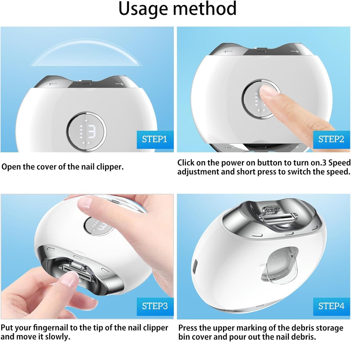Electric Nail Clipper with LED Light 3 Speeds, Fingernail Cutter and Polisher and Exfoliating 3 in 1 Design, Nail Scraps Storage Rechargeable Safety Fingernail Trimmer
