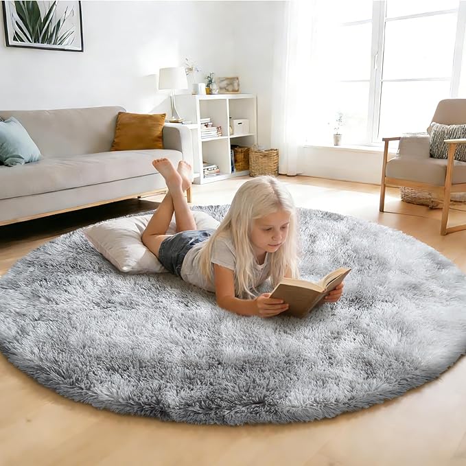 Tie-Dyed Fluffy Round Rug,Soft Area Rugs for Girls Room,Shaggy Rugs 3'X3' for Living Room,Non Slip Circle Rug for Kids Bedroom,Shag Plush Nursery Rug,Plush Carpet for Dorm,Furry Room Decor,Light Grey