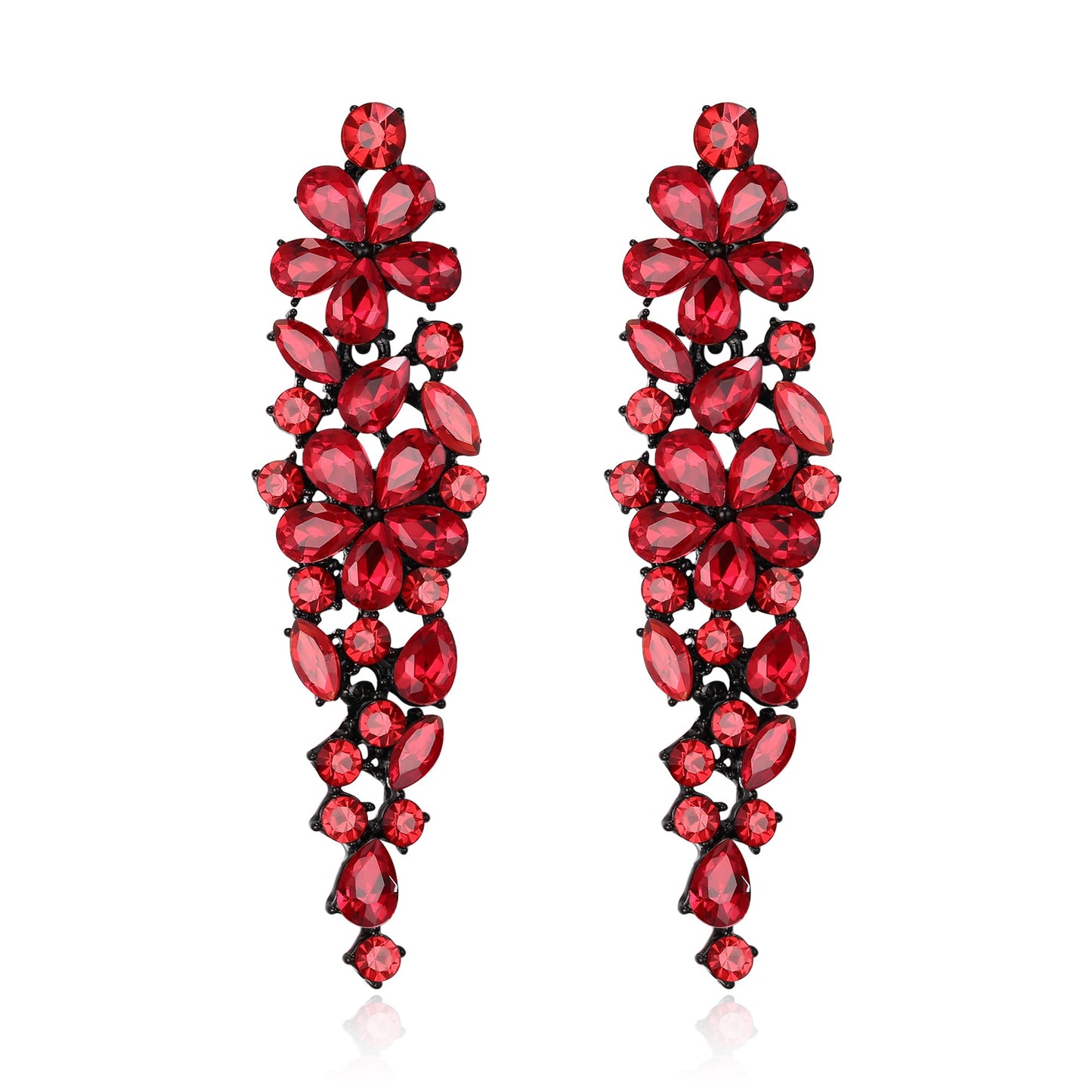 EleQueen Sparkle Marquise Rhinestone Crystal Statement Dangle Earrings for Women, Black-Tone Red Crystals Art Deco Prom Chandelier Jewelry for Wedding Bridal