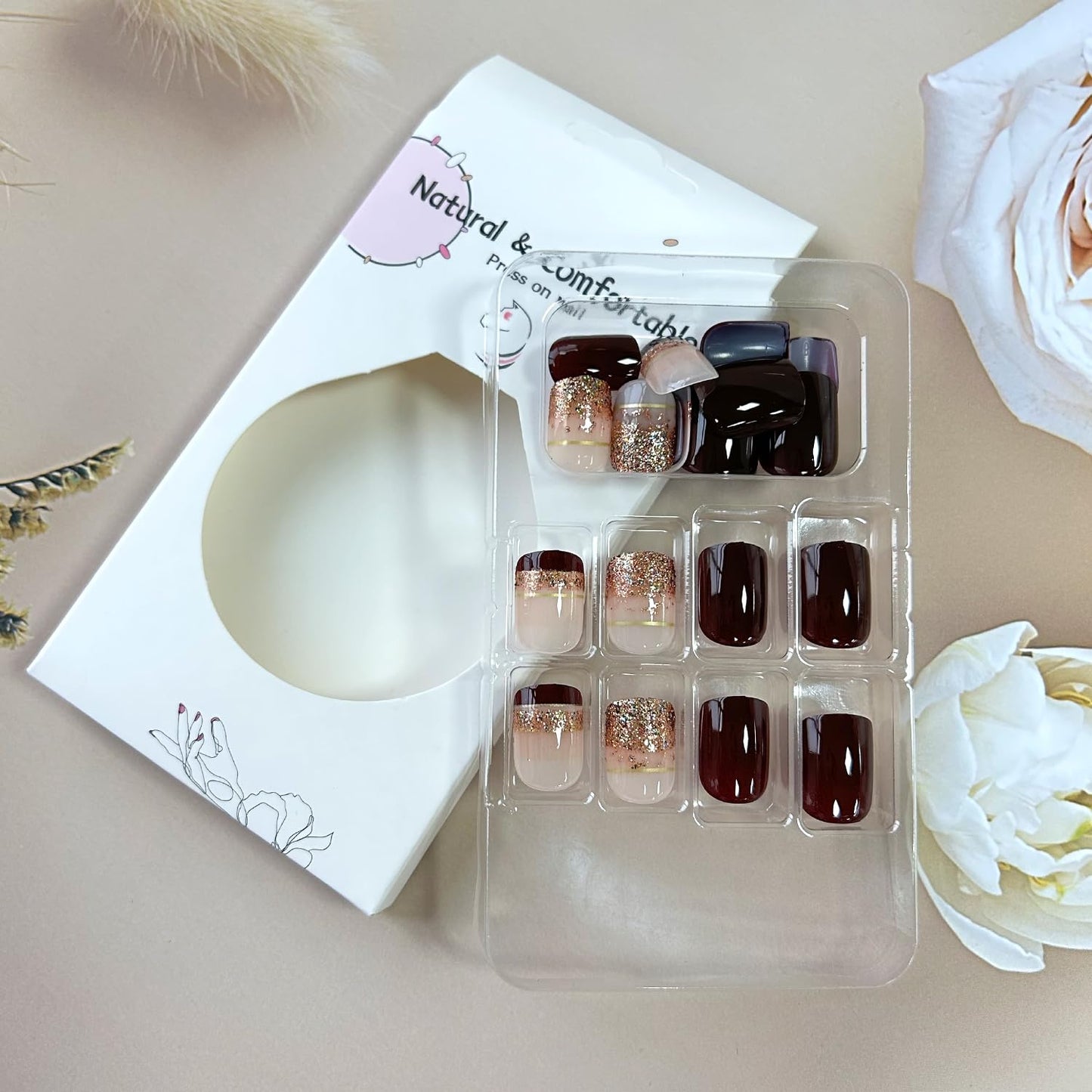 Press on Nails Short Length Brown French False Nails with Gold Foil Design Square Nails Full Cover Glossy Acrylic Nails French Artificial Stick on Nails Reusable Glue on Nails for Women Manicure Kit