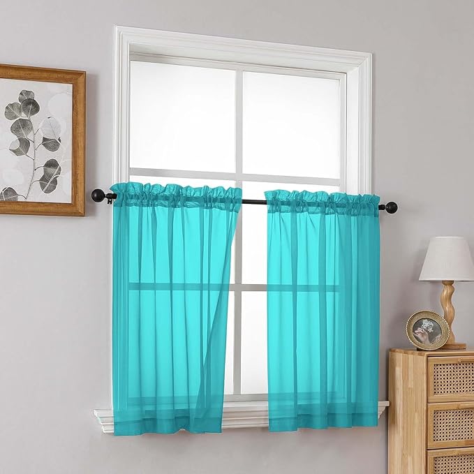 Turquoise Small Sheer Curtains 2 Panels Set, Kitchen Curtains 36 Inch Length, Elegant Light Filtering Short Window Drapes for Living Room Bedroom, Dual Rod Pocket Design, 2x42Wx36L Inches