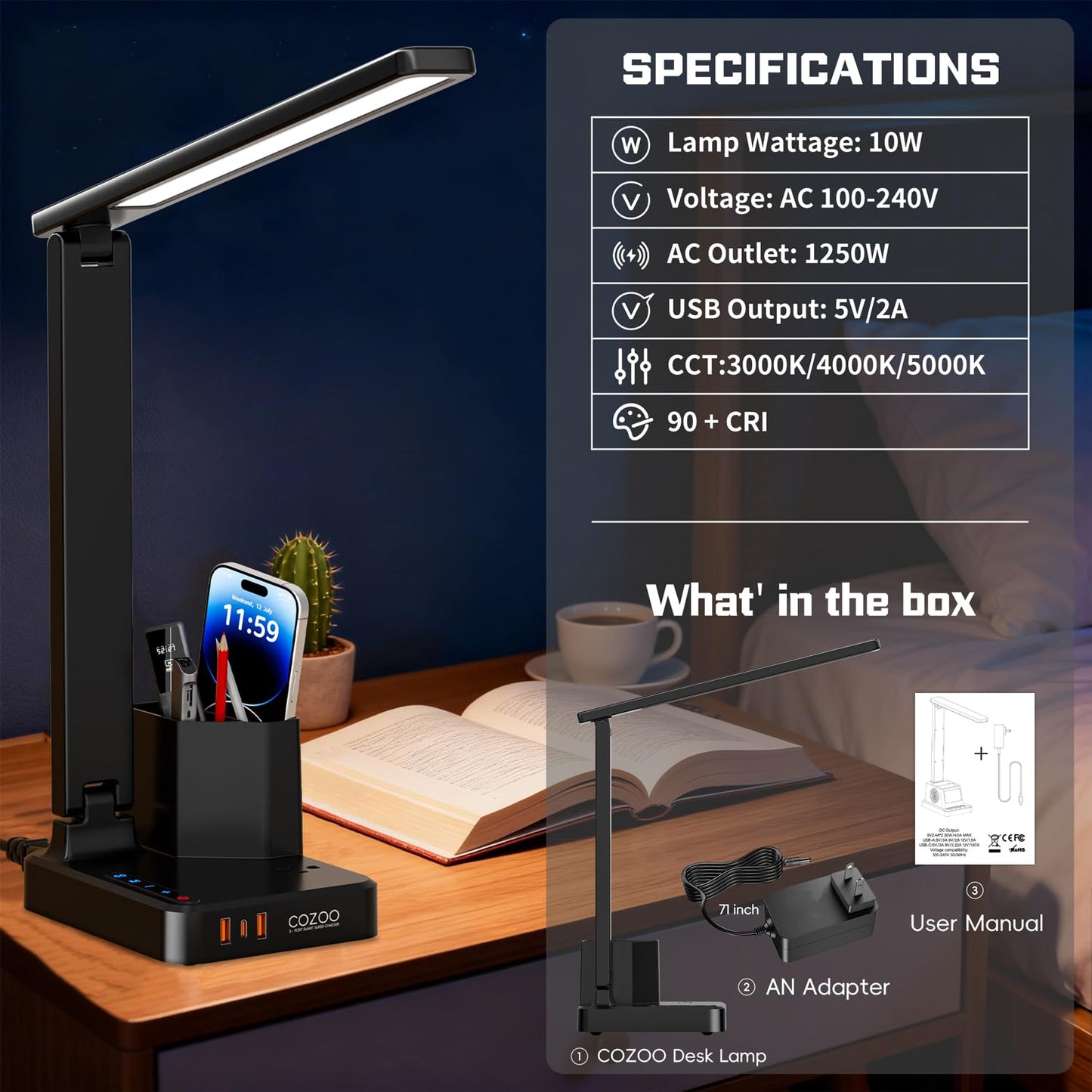 LED Desk Lamp with 3 USB Charging Ports 1 AC Outlet Small Table Lamp for Home Office/Bedroom/Study/College/Dorm Room Essentials, Foldable Reading Light w/Pen Holders for Craft/Artist/Puzzle/Nail/Task