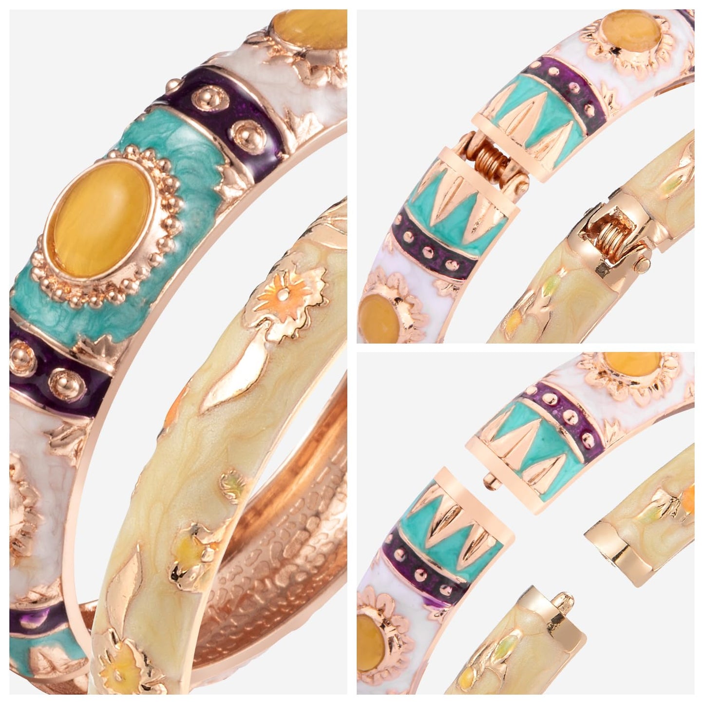 UJOY Vintage Cloisonne Bracelet Beautiful Flower Enamel Hinge Gold Plated Rose Bangles Jewelry for Women's Gifts 7735 3pcs Yellow