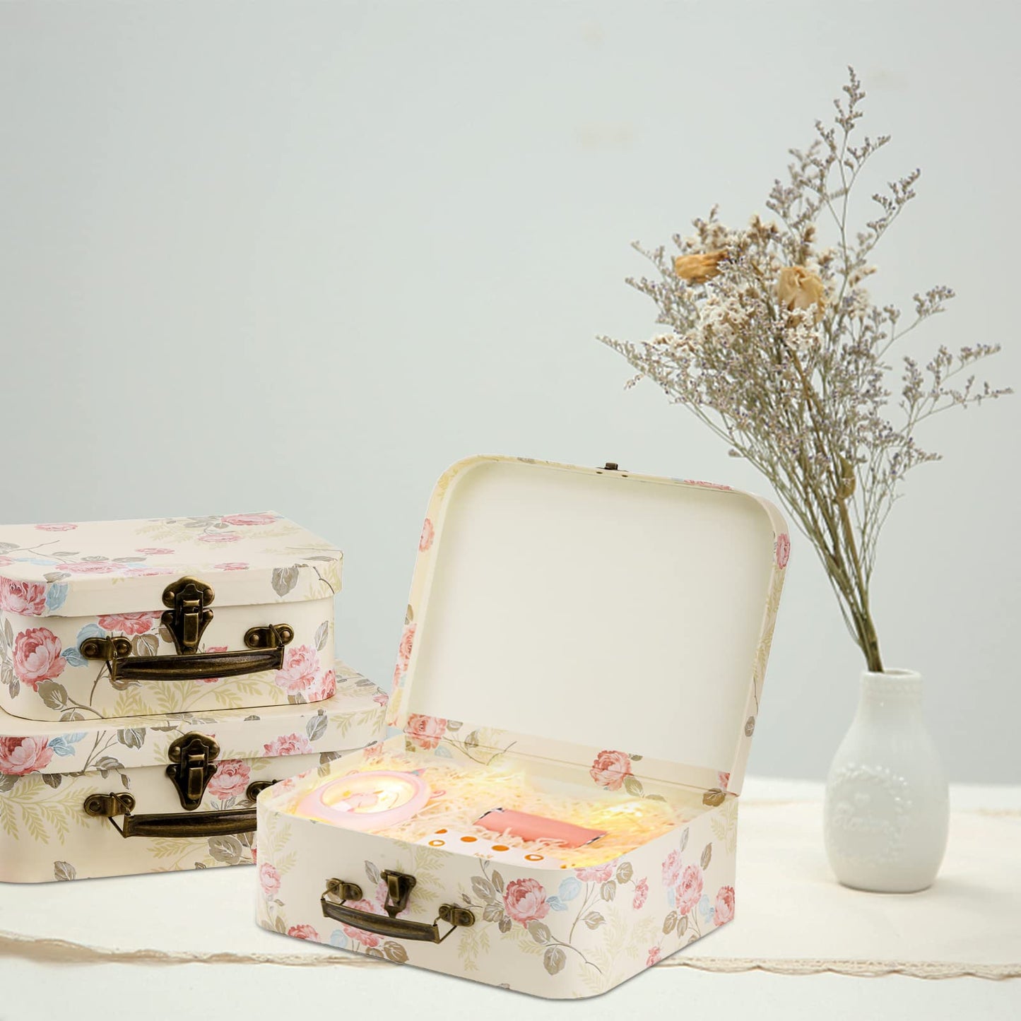 Fasmov 3 Pack Paperboard Suitcases Storage Box Decorative Boxes Storage Gift Boxes With Lids for Photo Storage Home Decoration, Wedding, Birthday, Anniversary, Light Yellow