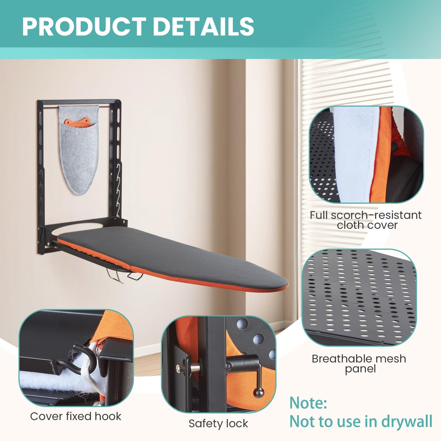 Seiritex Wall Mounted Ironing Board with Iron Holder, 36x13 Compact Mount Foldable Ironing Board for Small Spaces, Space Saving with Cotton Fabric Cover and Silicone Iron Rest