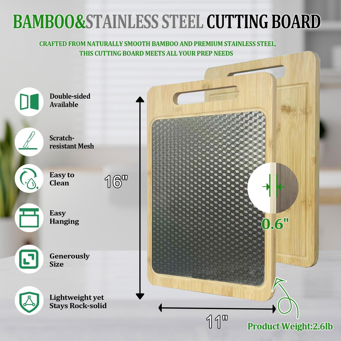 Double Sided Bamboo&Stainless Steel Cutting Board with Juice Groove and Handle, Non Toxic, Wooden Chopping Boards for Kitchen,Charcuterie Board,Ideal Gift for Housewarming(15”×11”Large YC)