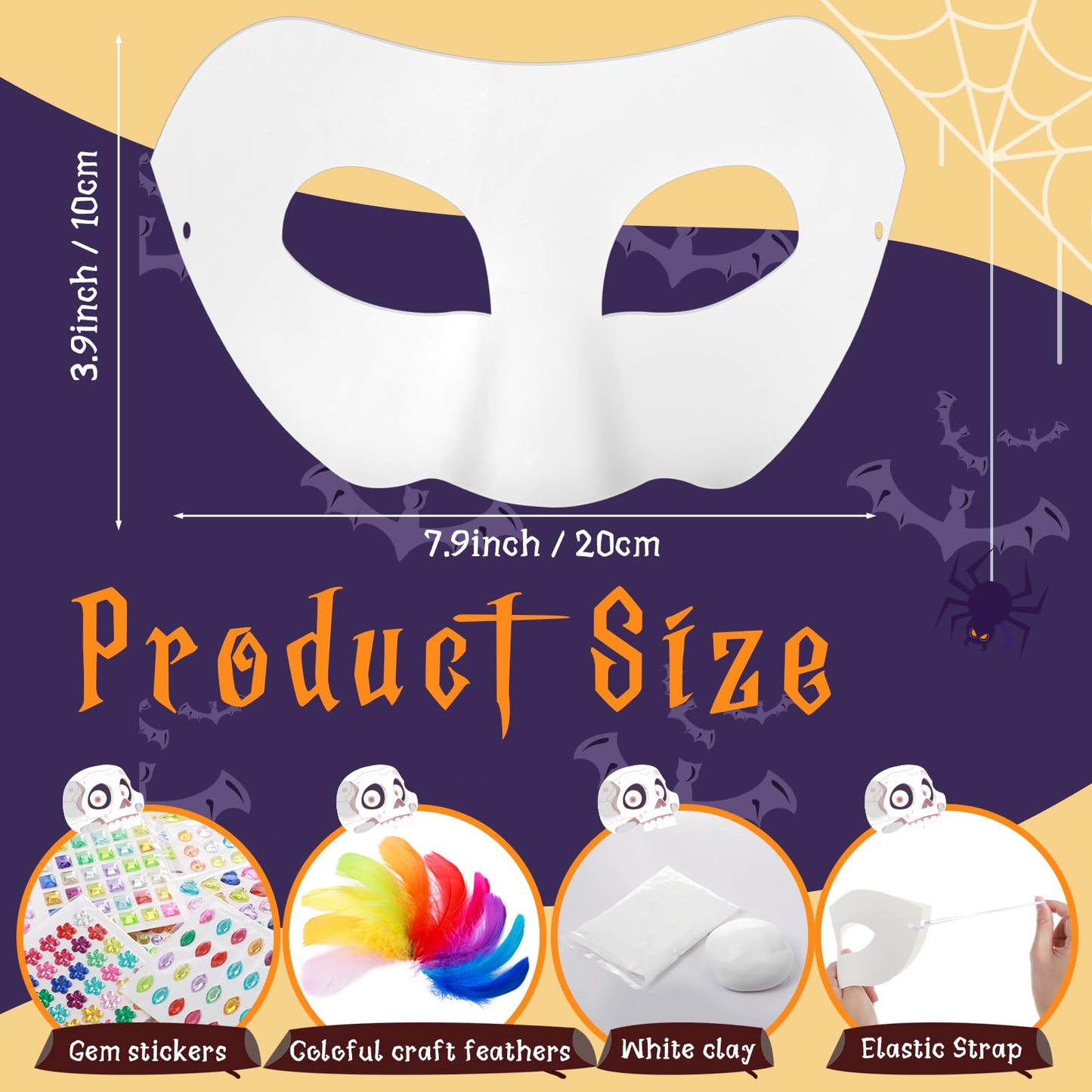 Leyndo 24 Pack Paper Mache Mask White Craft Masquerade Mask with Gem Sticker and Feather DIY Blank Mardi Gras Cosplay(24 Pack,Half Face)