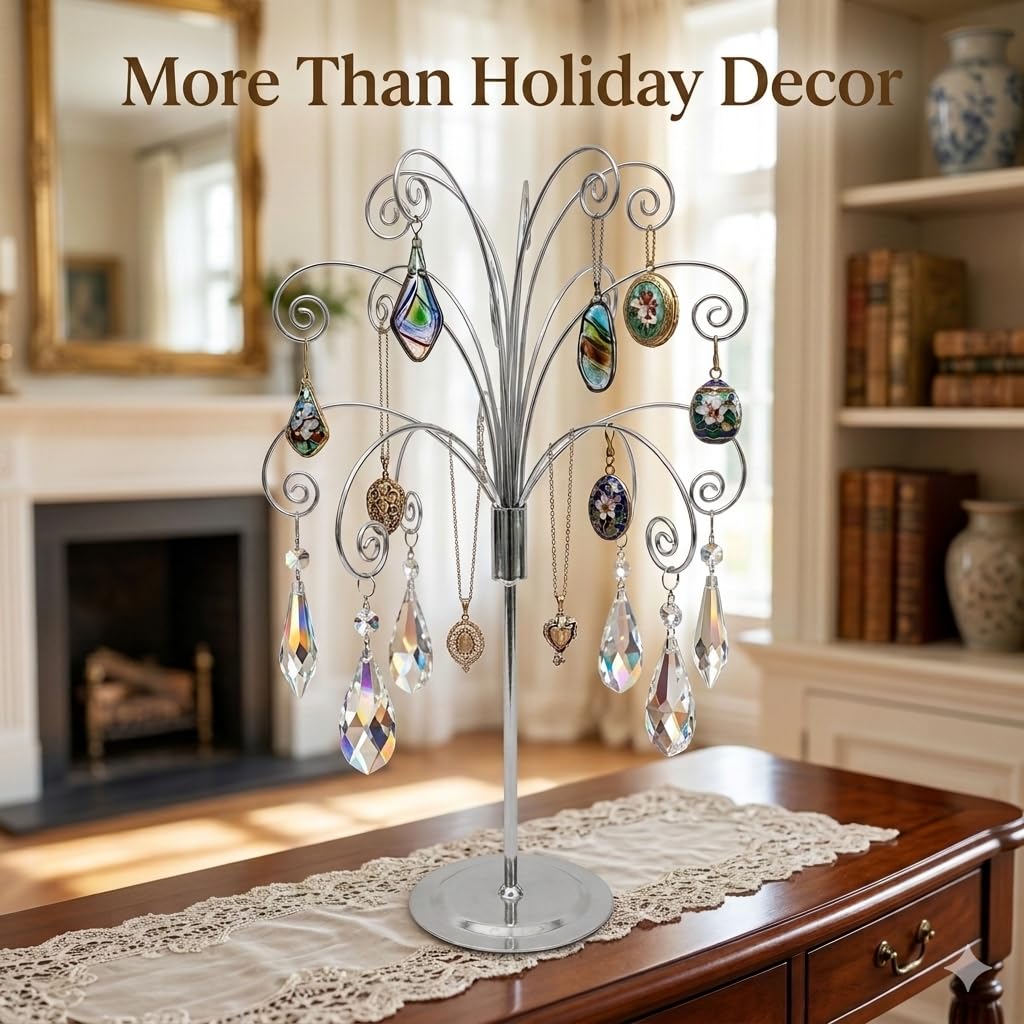 HOHIYA 20” Ornament Display Stand Chrome Silver Metal Hanging Tree Holder for Swarovski Crystal Glass Ornaments Tabletop Christmas Halloween Easter Decoration Display Rack