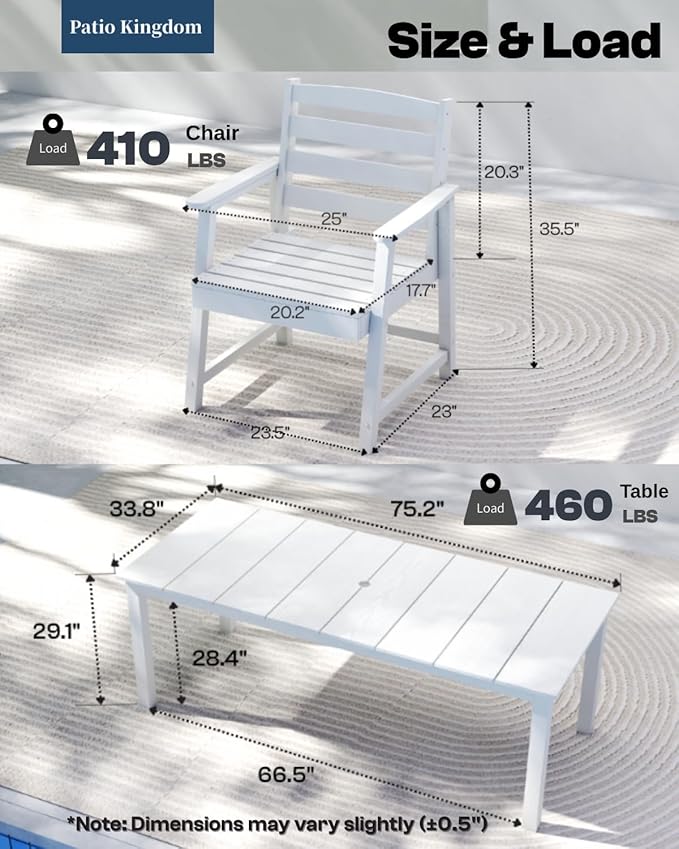 7-Piece White Outdoor Dining Set for 6, 75.2'' HDPE Table with Umbrella Hole & Chairs, Weather-Resistant Patio Furniture for Garden, Lawn, or Poolside
