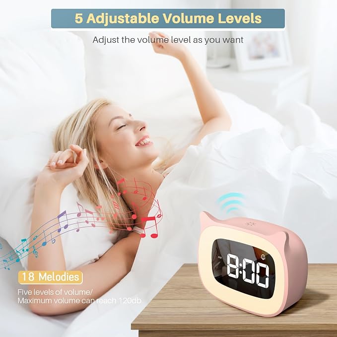 Cute Cat Ear Alarm Clock with Night Light for Bedroom,Pink