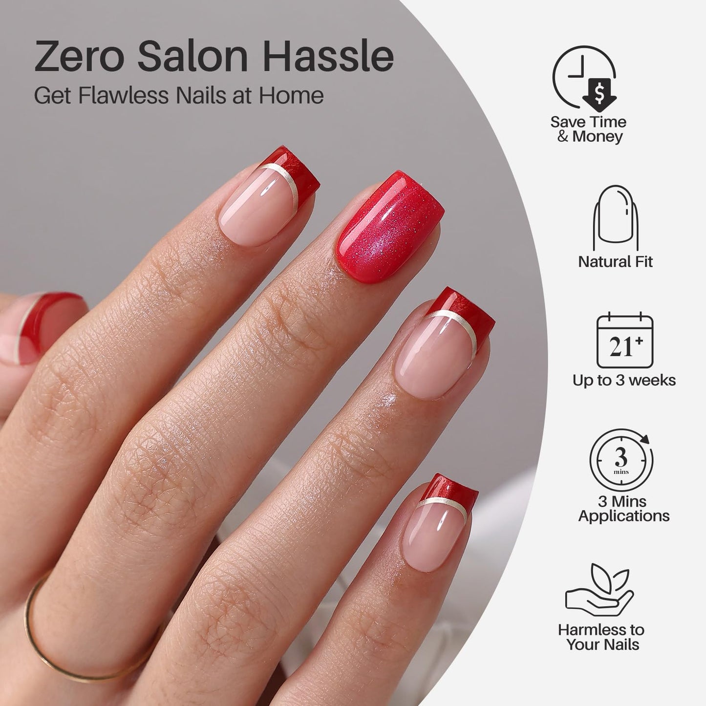 Red Glitter Press on Nails and French Tip Nails with Silver Line - SHANGMENG Soft Gel Short Square Nails for Women Gift, Glossy Glue on Nails in 16 Sizes - 32 Reusable Fake Nails Kit, Muse & Flame