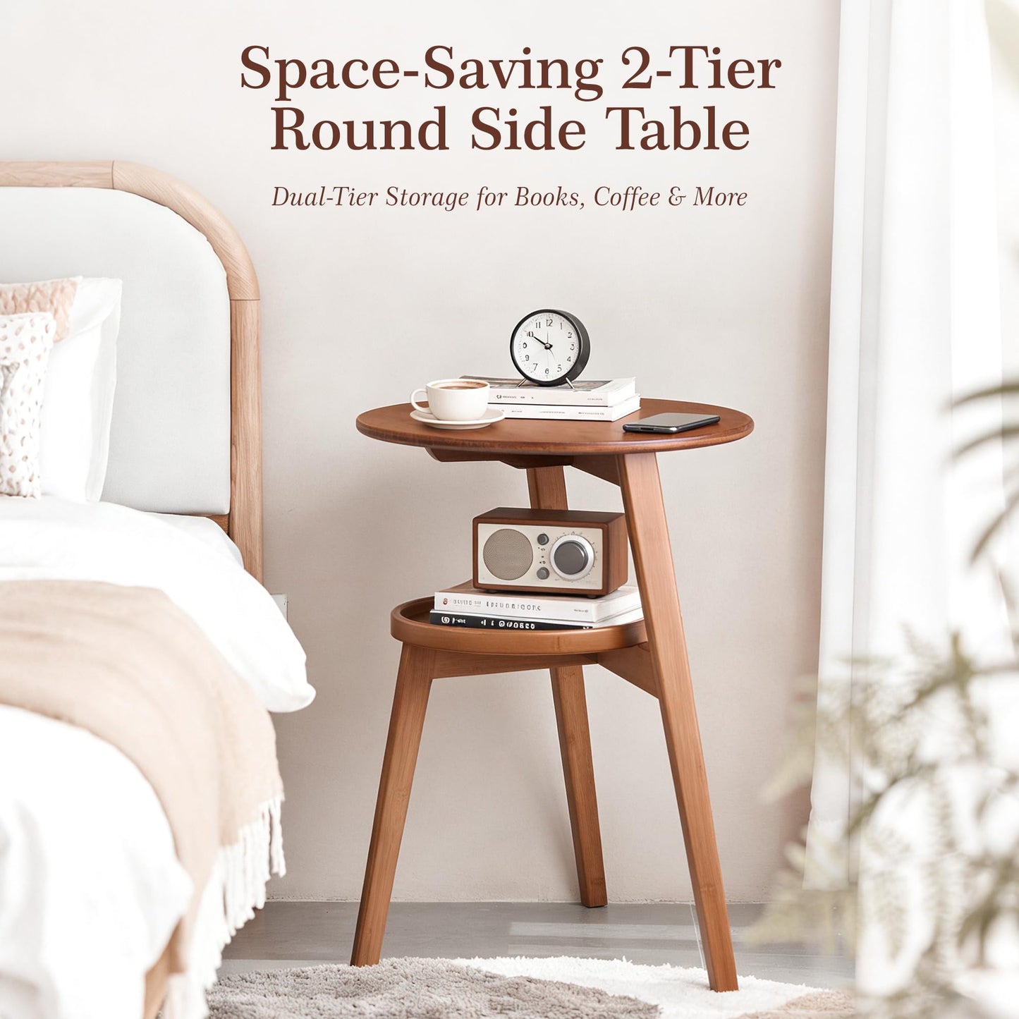 VELOHEIM Bamboo Round Side Table, 2-Tier Small Space End Table with Storage Shelf, Mid-Century Modern Rustic Style Narrow Table for Living Room Bedroom Sofa Side