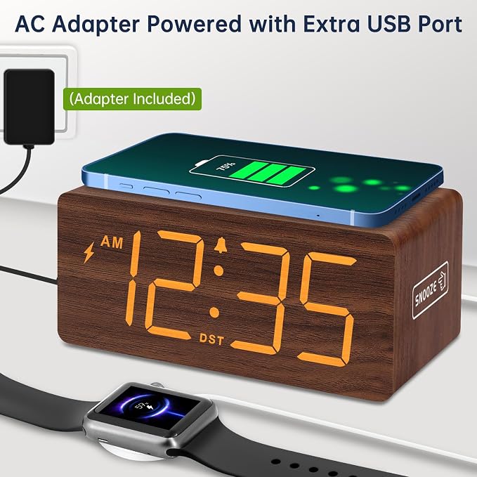 DreamSky Wooden Digital Alarm Clock with Wireless Charging for Bedroom