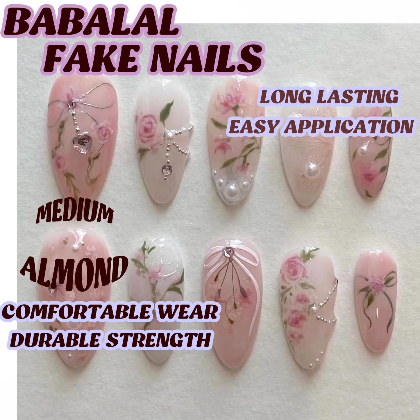 BABALAL Almond Press on Nails Medium Fake Nails Pink Glue on Nails Flower Heart Charm Design Acrylic Nails 24Pcs Coquette Handmade False Nails