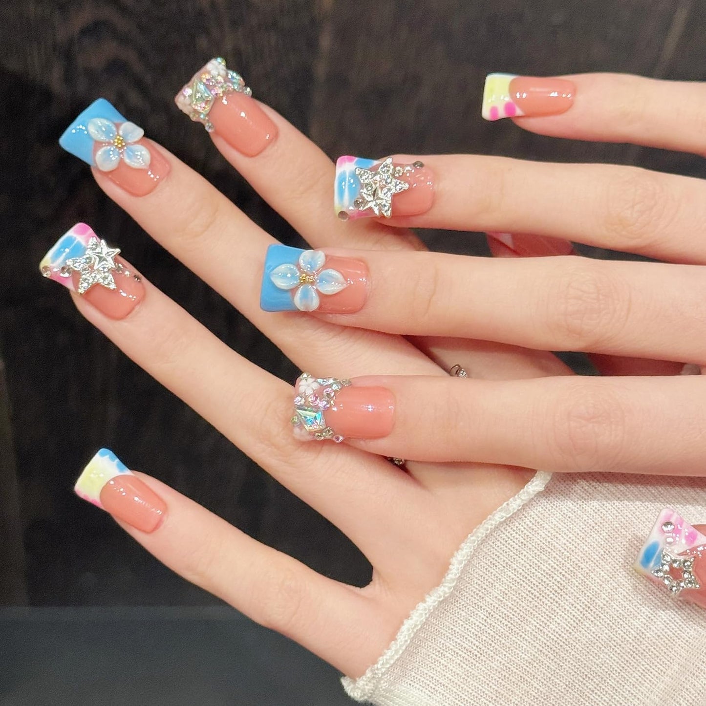 10 Pcs Handmade Duck Press on Nails Medium Length Fake Nails 3D Flower and Rhinestone Designs False Nail Reusable Artificial Blue Full Cover Acrylic Nail Press Ons for Women Girls (Size M)