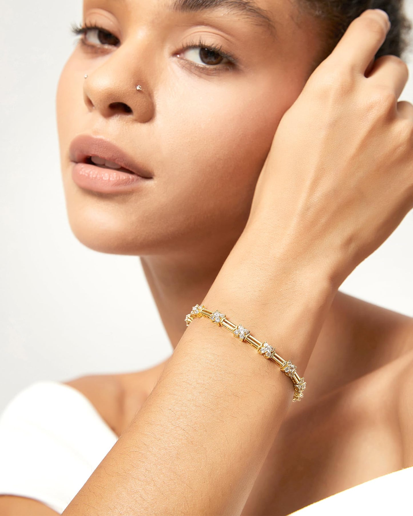 TIGRADE 14K Gold Plated Bracelet for Women Dainty Adjustable Link Cubic Zirconia Bracelet Size 6.5-7.5 Inch, 7.5 Inch