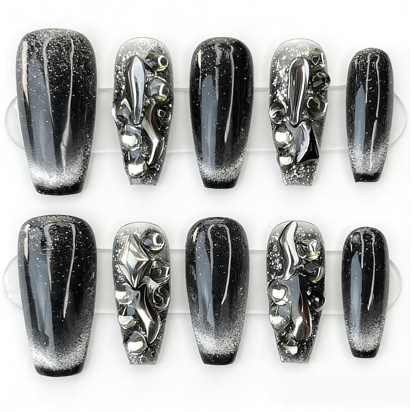Handmade Press on Nails Square Black and White Cat’s Eye Decoration with a Starry Sky Pattern and Gemstones Acrylic Nails Press on Handmade Nails Luxury Press on Nails(M)