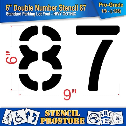 Pavement, Curb, and WheelStop Stencils - 6 inch Double Number Stencil - (87) - 6" x 9" x 1/8" (128 mil) - Pro-Grade