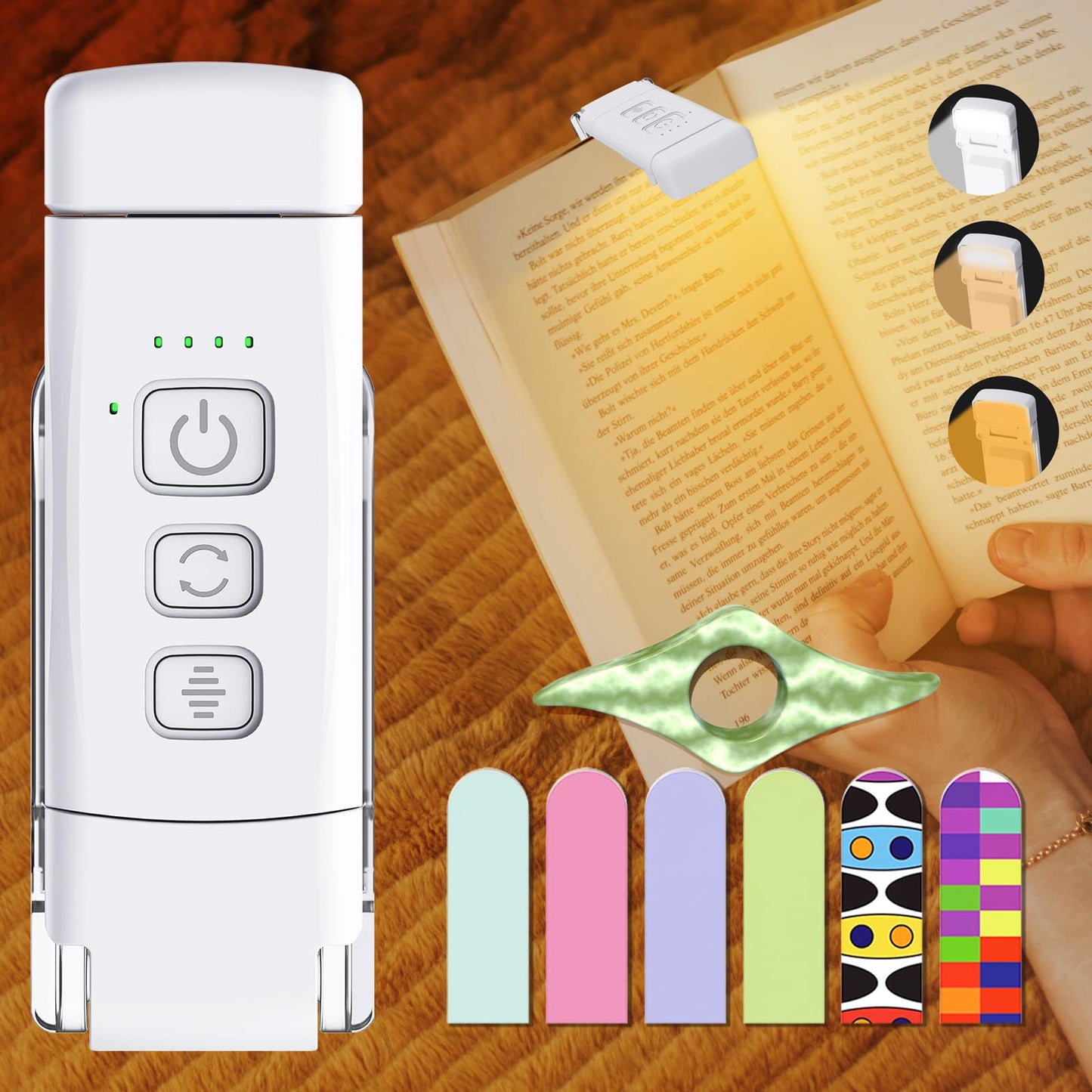 Reading Light, Rechargeable Book Light, with Book Page Holder, 30/60 Min Timer Reading Lamp Clip On, 3 Color Modes & 5 Brightness Dimmable Eye Care for Kids, Reading Lovers at Night in Bed (White)