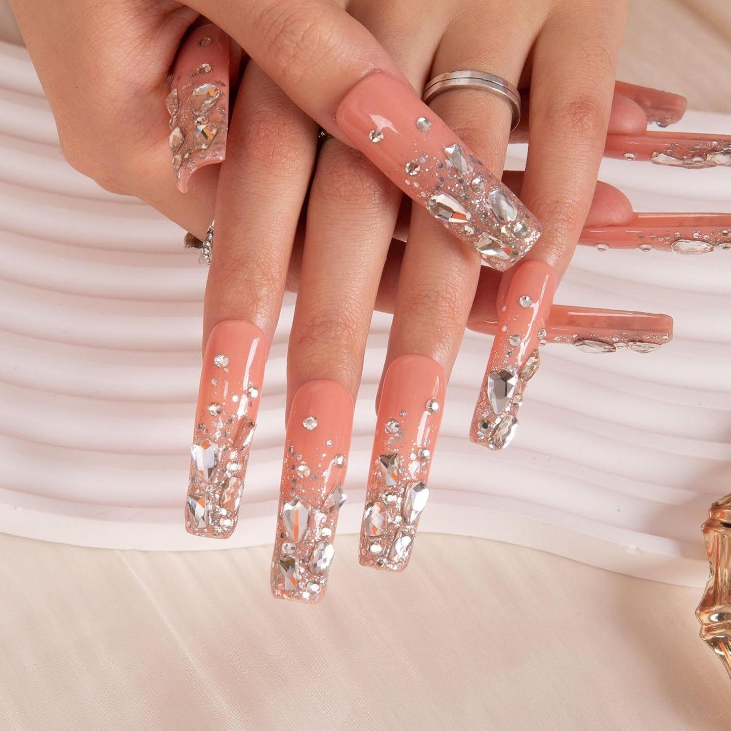 LOVFUL Reusable Press on Nails | Silver Wind | Salon Quality Sustainable Style Handmade with Full Covered Crystals | Square Mid length 1.7 in | H126-L