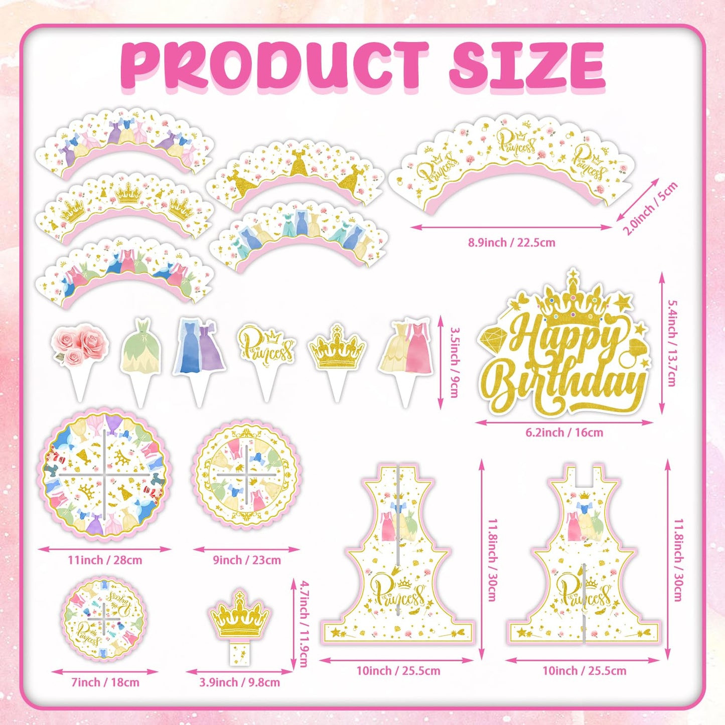 26Pcs Princess Dress Birthday Party Decorations Including Cake Stand Cupcake Wrappers Cupcake Topper Cake Topper