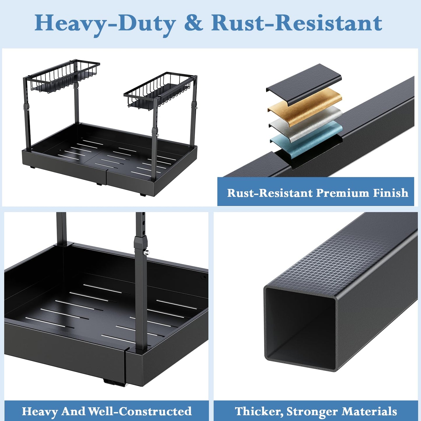Aisslro Under Sink Organizer, 2 Tier Under the Sink Storage, Expandable Adjustable Slide Out Pull Out Under Cabinet Organizers Shelf, for Kitchen Bathroom Pantry Closet Organization, Black