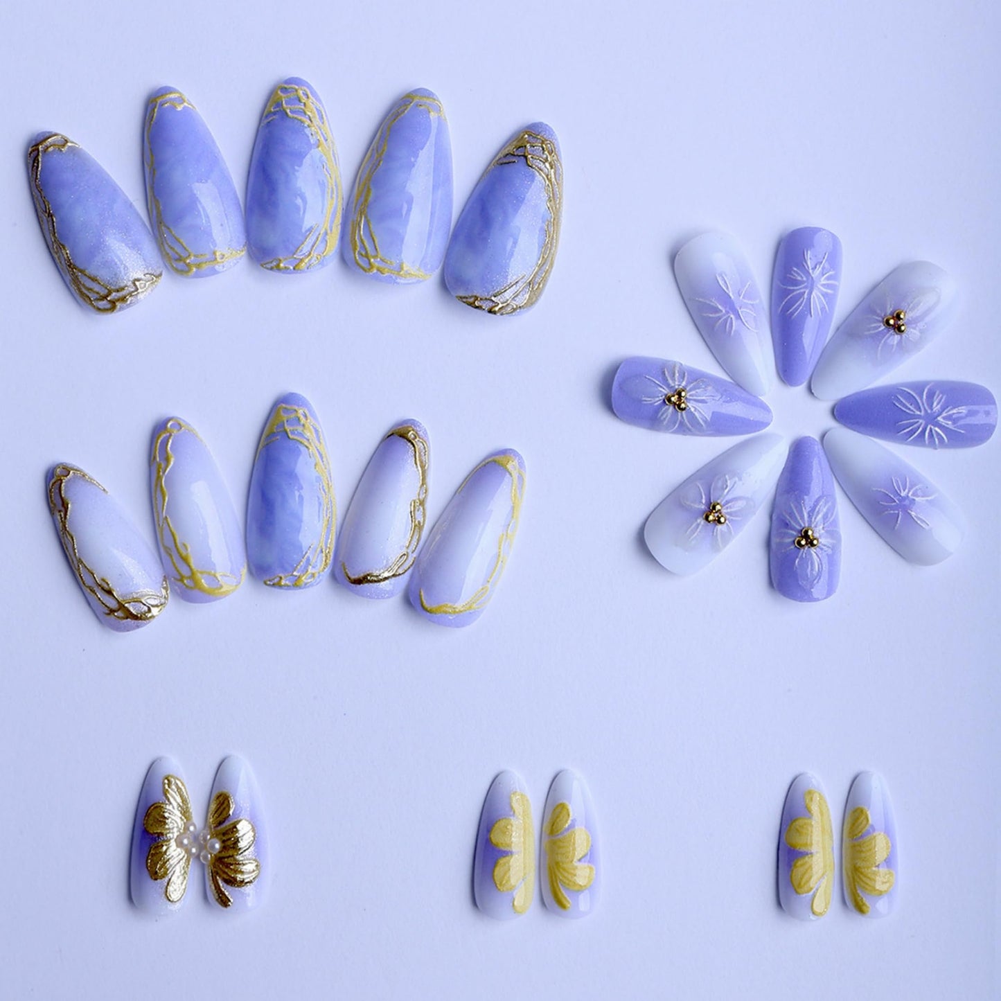 Almond Press on Nails Long Fake Nails Seeneey Purple Artificial Nail White Gold Charm Flowers Stick on Nail for Women 24pcs