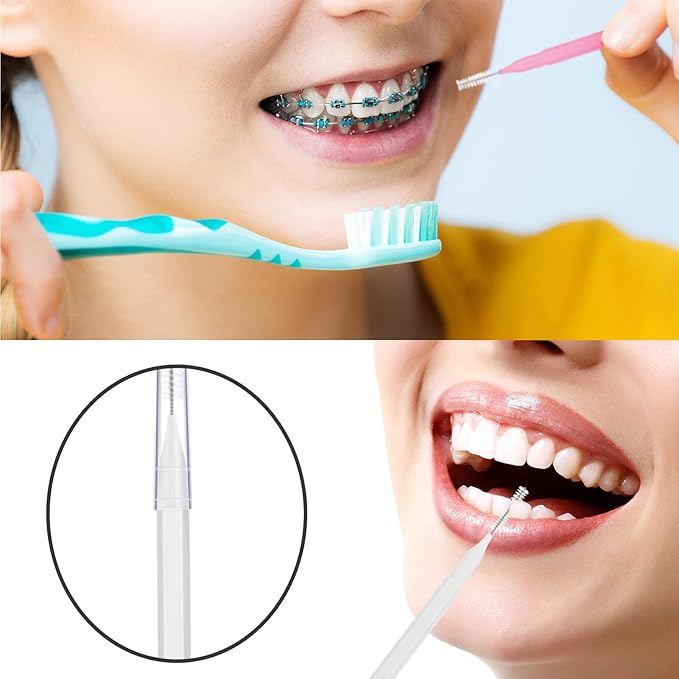 Patelai 100 Pieces Braces Brush for Cleaner Interdental Brush Toothpick Dental Tooth Flossing Head Oral Dental Hygiene Flosser Toothpick Cleaners Tooth Cleaning Tool(White, Light Pink,Multiple Sizes)