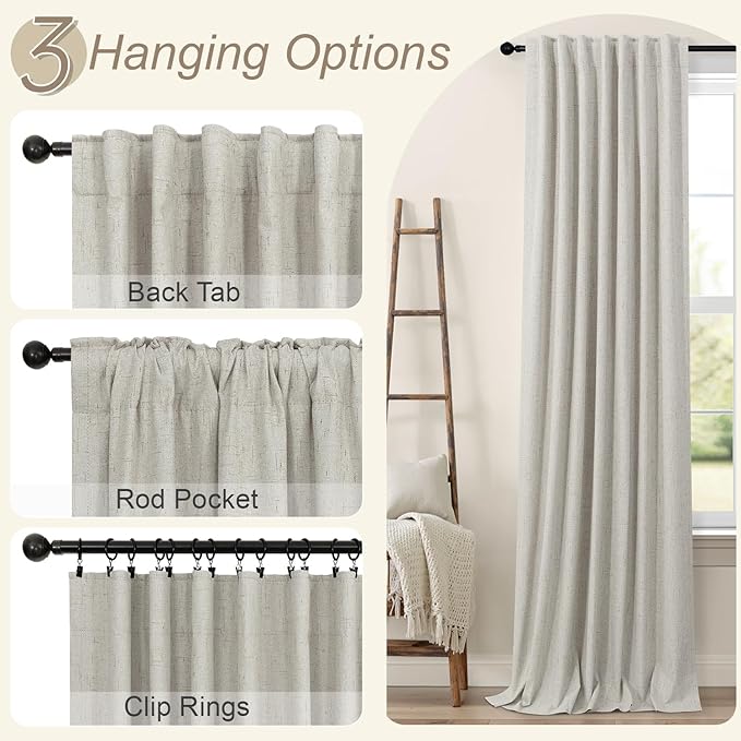 Blackout Linen Curtains 96 Inches Long for Living Room 2 Panel Set Black Out Light Blocking Back Tab Neutral Boho Farmhouse 96 Inch Curtain Drapes for Bedroom Window Earth Tone Stone Birch Taupe Tan