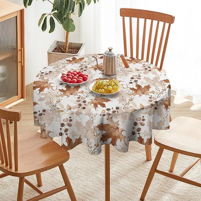 Thanksgiving Maple Leaves Tablecloth, Watercolor Autumn Harvest Fall Watercolor Blue Yellow Leaves Table Cover for Party Picnic Dinner Decor 70x70 Inch Round