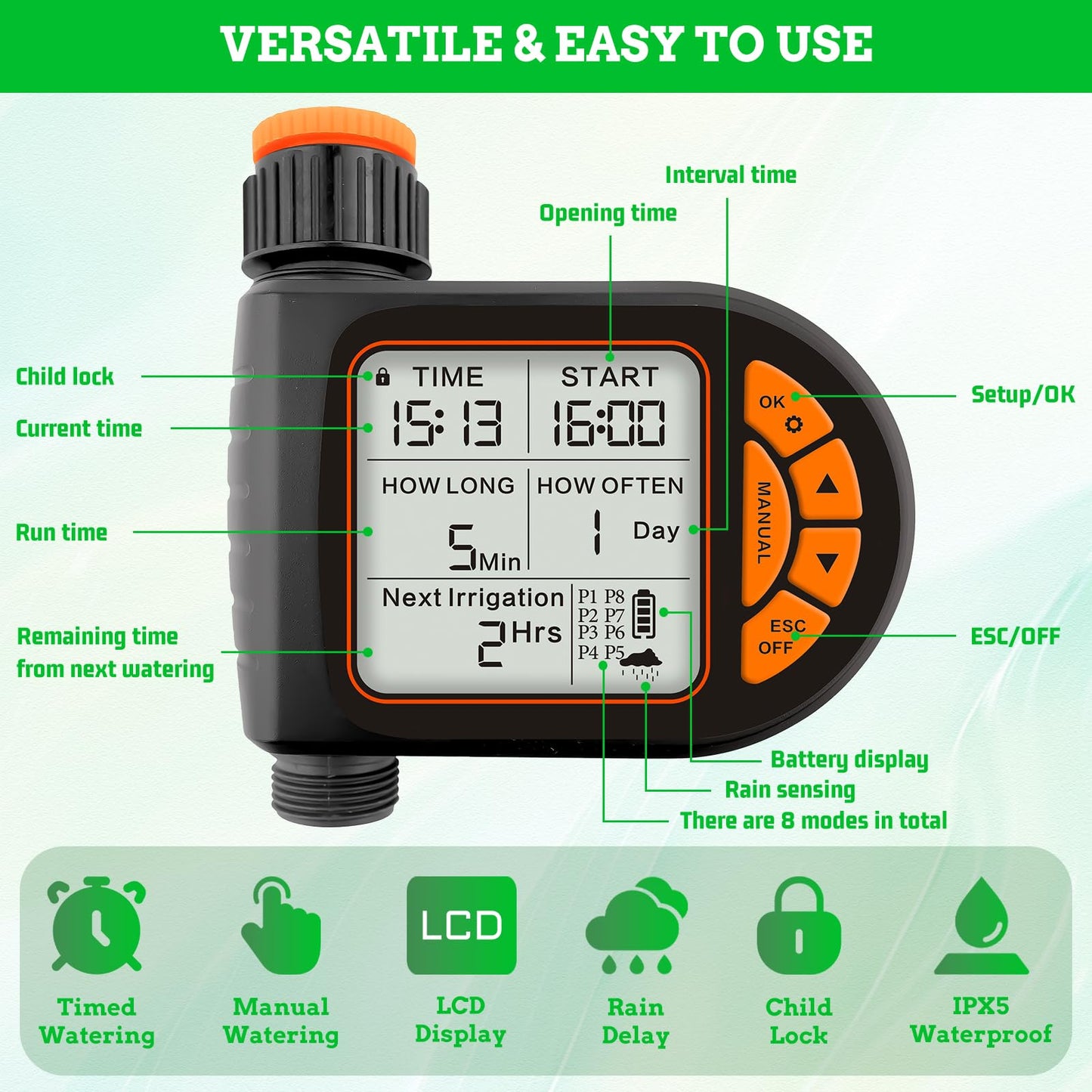 Automatic Drip Irrigation System Kit - 226FT with LCD Timer, 3 Sprayer Types Automatic Garden Watering System, 1/2 Inch Hose 1/4 Inch Distribution Tubing Garden Watering Solution for Outdoor Plants