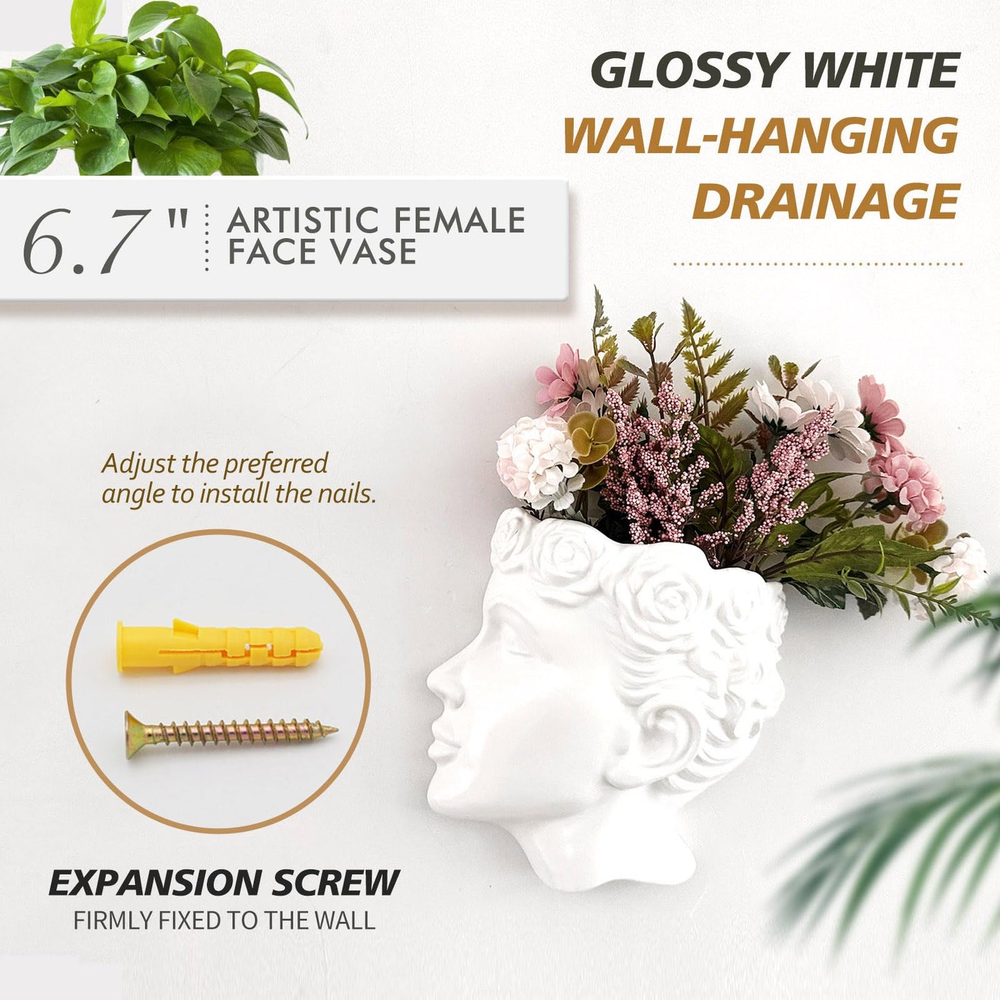 Yuccasly Side-Face Ceramic Planter – Glossy White, Wall-Hanging, with Drainage – 6.7"" Artistic Female Face Vase